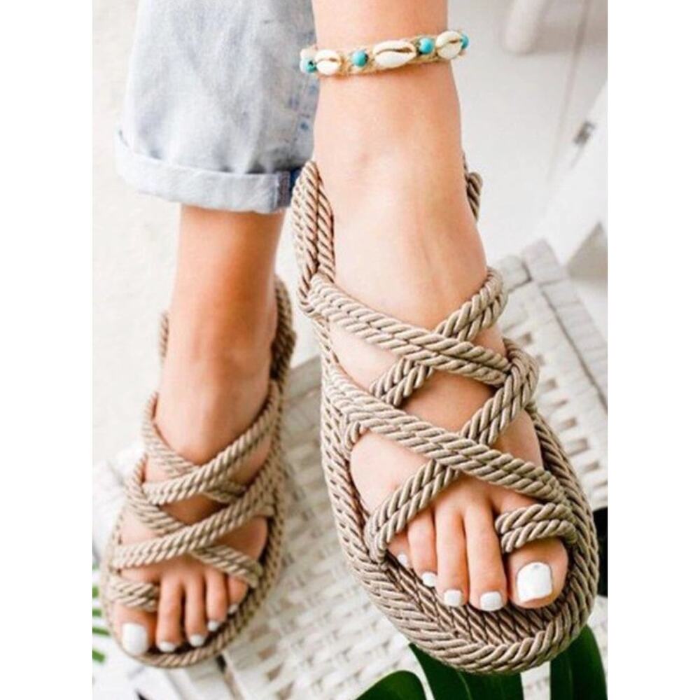 Bohemian Flat Linen Rope Open Toe Slip-On Sandals Women's EU 40